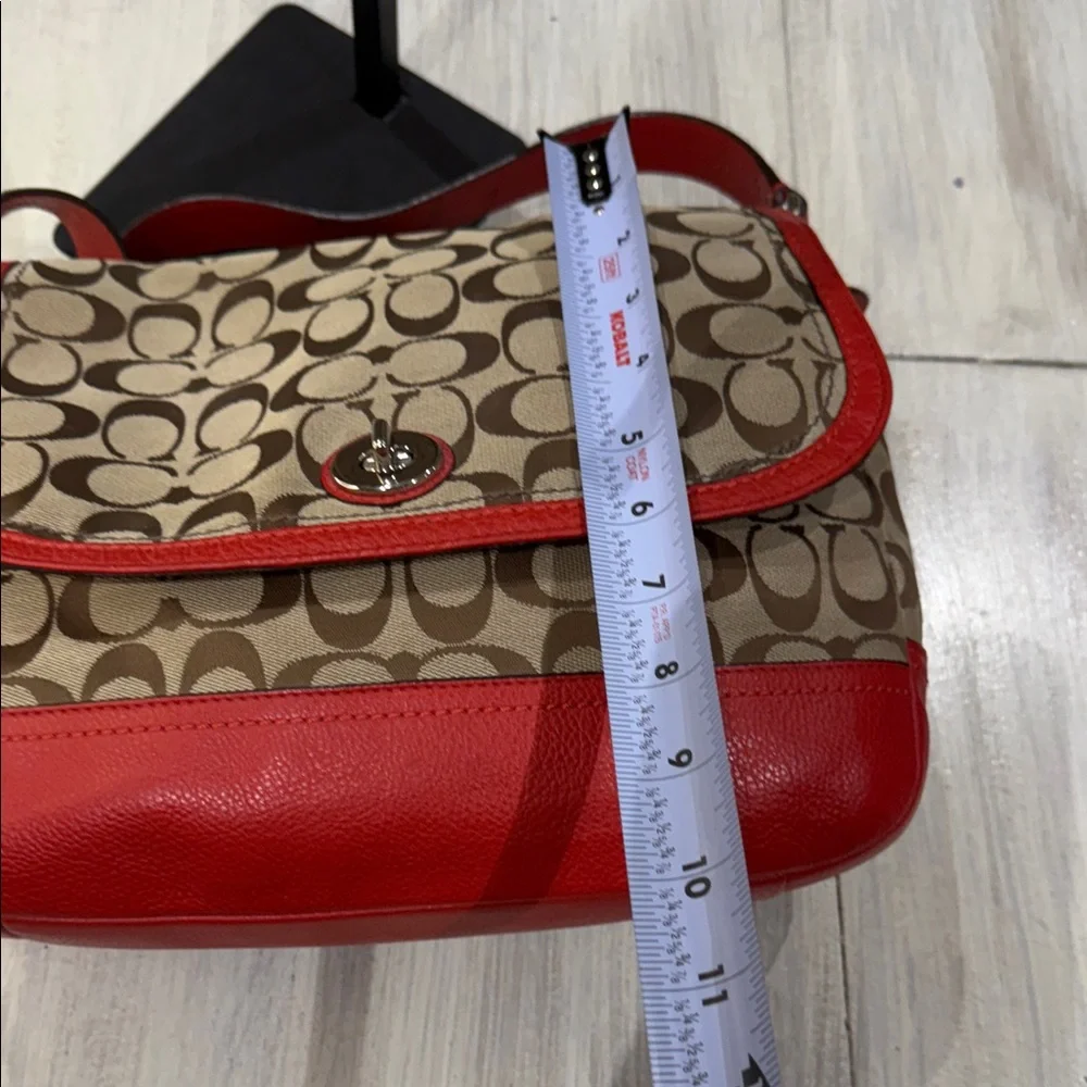 Coach Coral Red and Tan Signature Shoulder Bag